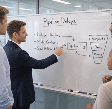 sdr team reviewing pipeline delays on a whiteboard caused by stale contact data