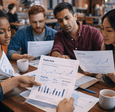 Diverse SDR team reviewing printed reply rate analytics during a coffee shop work session