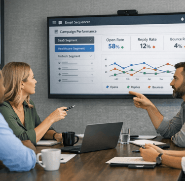 Diverse SDR team reviewing campaign analytics in meeting room
