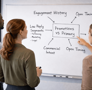 SDR team discussing email signals that affect Promotions vs Primary placement