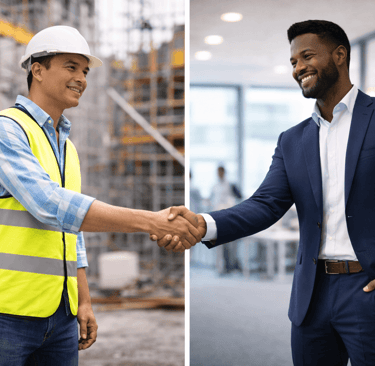 Business handshake showing construction and office sectors with different backgrounds