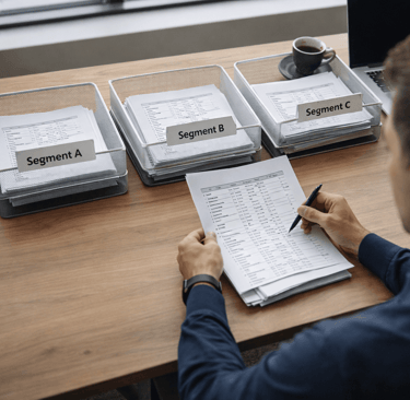 Founder reviewing outbound segments using labeled paper trays on an office table
