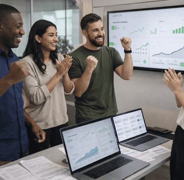 SDR team celebrating successful outbound campaign results in a modern office