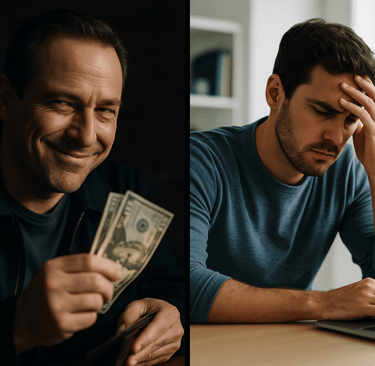 Shady provider holding cash beside a frustrated founder at his laptop