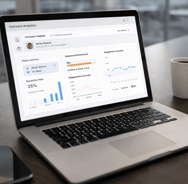 CEO laptop showing single-contact outreach analytics on a desk