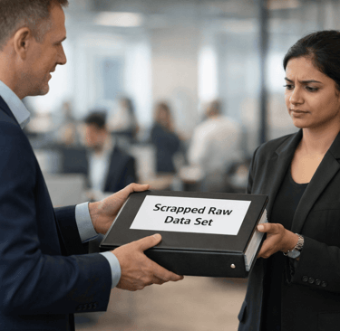 Lead broker handing a raw data binder to a founder in a busy office setting