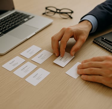 Person sorting business cards on a wooden desk