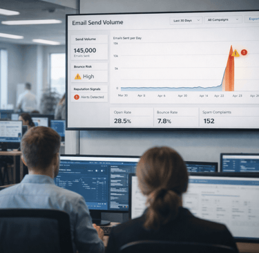 Email send volume dashboard showing a sudden spike displayed in a busy office environment