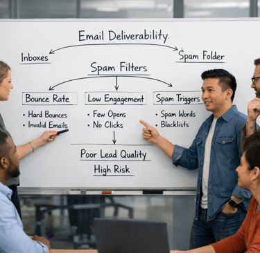 team reviewing spam filter lead quality on whiteboard