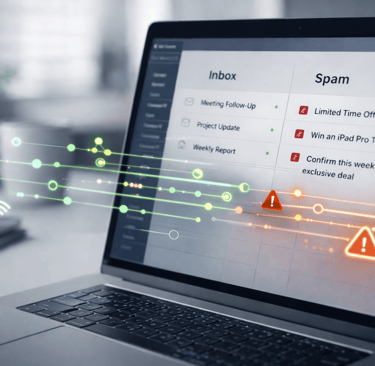 Laptop inbox showing emails routed to inbox and spam folders based on filtering signals