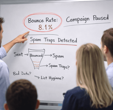 SDR team reviewing high bounce rate and spam trap issues on a whiteboard