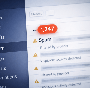 Spam folder with high unread count indicating domain risk