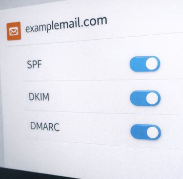 Domain settings screen showing SPF, DKIM, and DMARC enabled for a generic domain