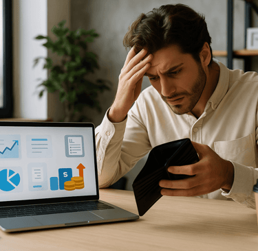 Stressed founder looking at an empty wallet beside a laptop showing rising cost indicators