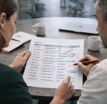 Two founders reviewing a lead list and marking risky entries by hand