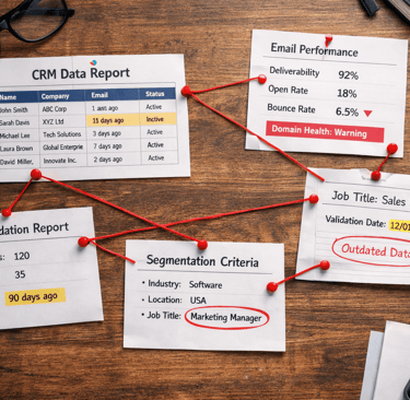 CRM sheets linked with red strings showing outdated data
