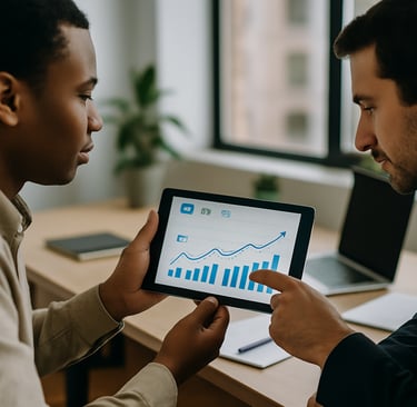 Two people reviewing rising email campaign metrics on a tablet