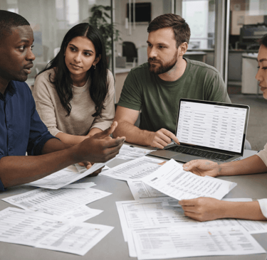 Diverse SDR team reviewing targeting strategy and lead lists in a meeting
