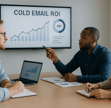 Team in a meeting reviewing a cold email ROI dashboard