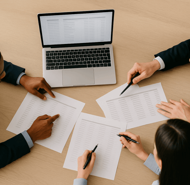 Team reviewing B2B data sheets around a table from an overhead view.