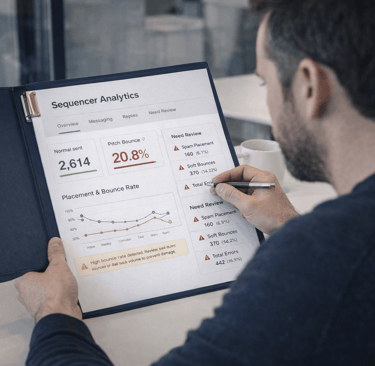 Founder reviewing printed email campaign analytics report in an office setting