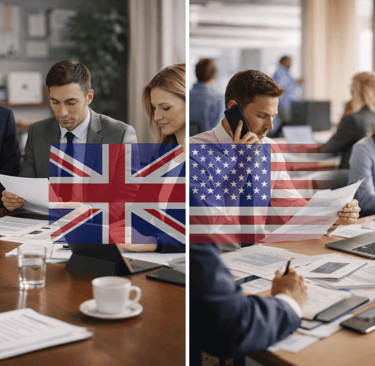 UK and US office teams separated by flags illustrating differences in B2B metadata quality
