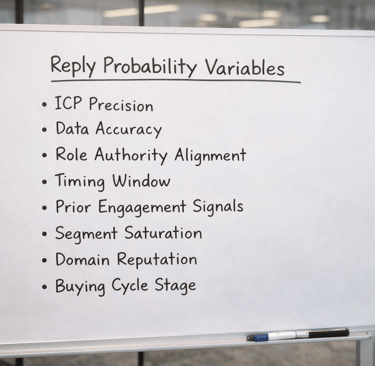 Whiteboard listing key variables influencing reply probability in outbound campaigns