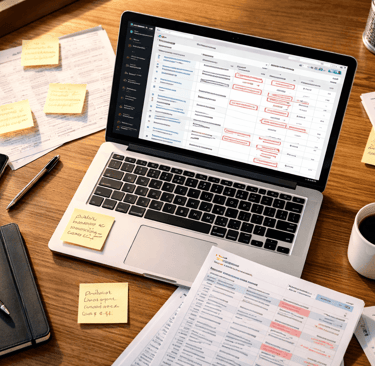 Laptop CRM showing duplicate and missing contact data on a cluttered desk.
