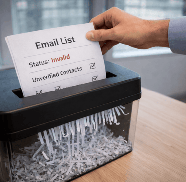Hand feeding an unverified email list into a paper shredder.