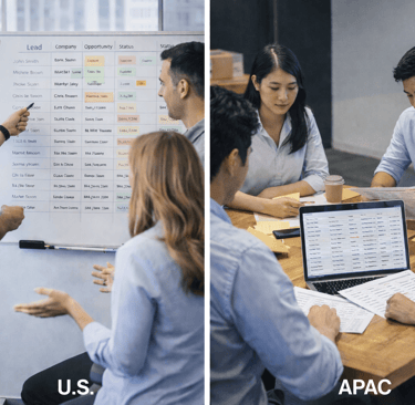 US and APAC SDR teams reviewing B2B lead lists in different workflows
