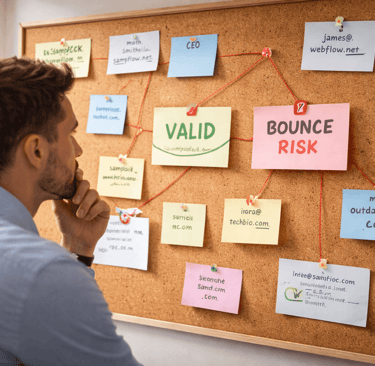 corkboard showing conflicting email validation notes