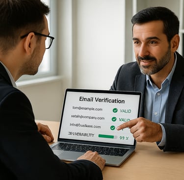 Lead provider showing email validation proof to a founder during a meeting