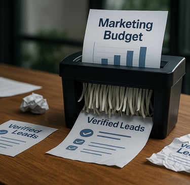 Paper shredder removing outdated marketing data on a desk.