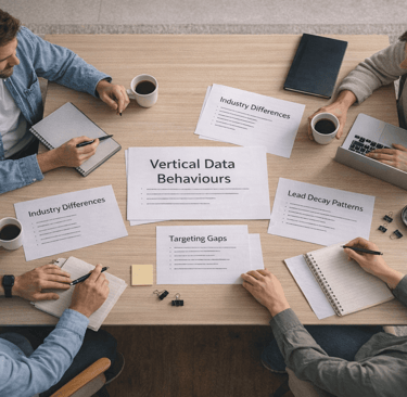 Marketing team reviewing vertical data behaviours at a table.