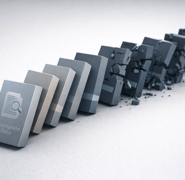 3D illustration showing a domino effect caused by weak data inputs in an outbound system
