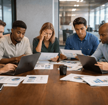 Sales, marketing, and RevOps teams reviewing conflicting reports during a meeting