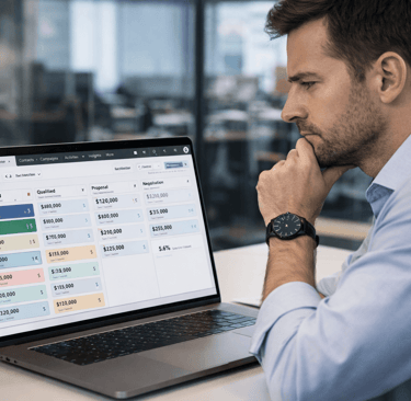 Founder reviewing CRM pipeline overloaded in early-stage deals