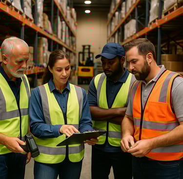 Warehouse workers collaborating on inventory inside a modern distribution center.