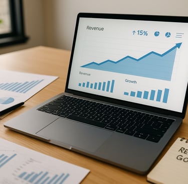 laptop showing revenue growth chart on desk with reports and coffee
