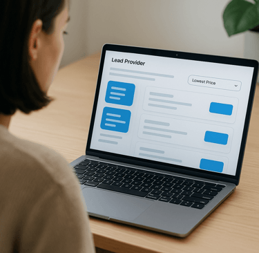 Woman browsing a lead provider site with lowest-price filter highlighted