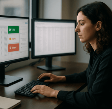 Woman validating a B2B dataset on dual monitors in a modern workspace