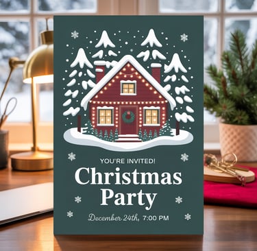 a christmas party invitation card with a house in the background