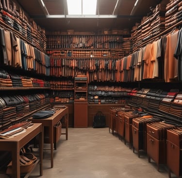 A close-up of handcrafted leather goods displayed on a wooden table.