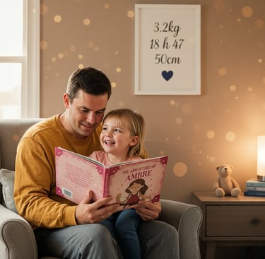 Parent qui lit une histoire à son enfant, cadre de calligraphie de naissance sur le mur en fond