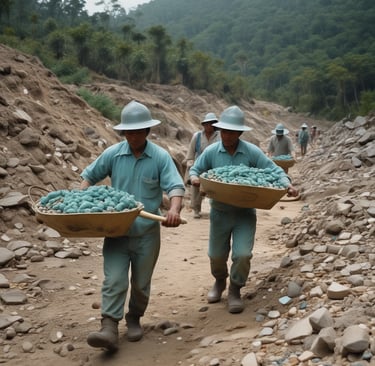 three men carrying baskets of eggs on a dirt road