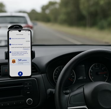 Inside a car with a phone mounted to the dash. Phone has Blinker app on the screen
