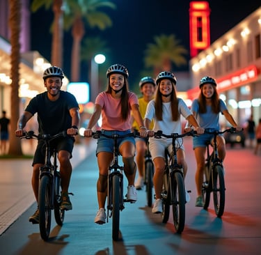 a group of five people on a bicycle tour ridding on the sidewalk