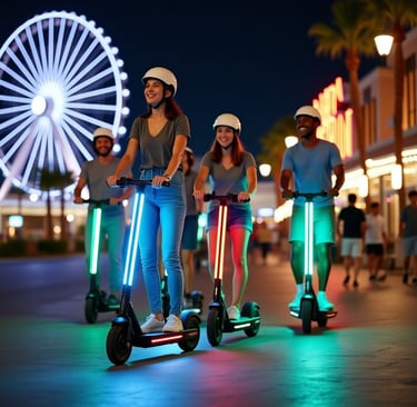tourists riding scooters with neon lights at night