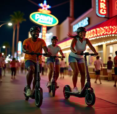 happy couple riding scooters on the fremont street experience