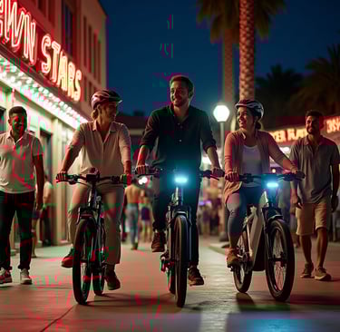 two tourists and tour guide ridding bikes in a plaza